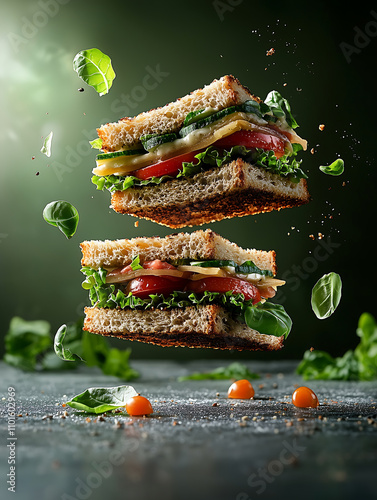 surreal floating sandwich with layers of fresh ingredients and greens
