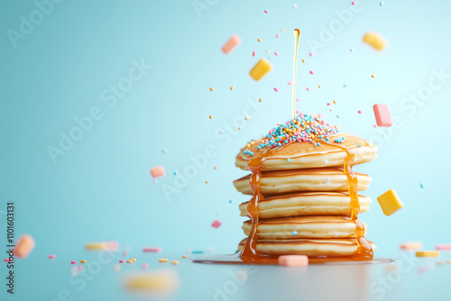 surreal stack of pancakes topped with vibrant syrup and sprinkles