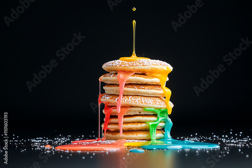 Vibrant pancake stack with colorful syrup dripping down, creating surreal effect