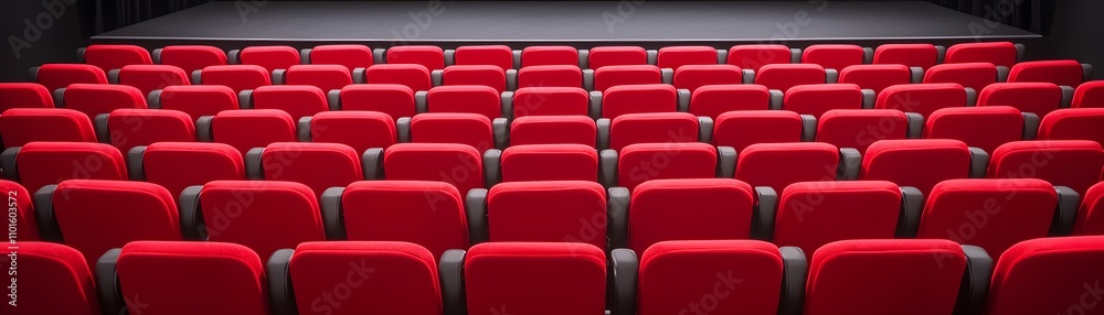 Fototapeta premium Empty Theater with Red Seats and Black Stage Ready for Performance or Production Setup