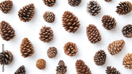 Variety of pine cones scattered on a white background, showcasing diverse shapes and sizes, ideal for winter and holiday-themed decorations. photo