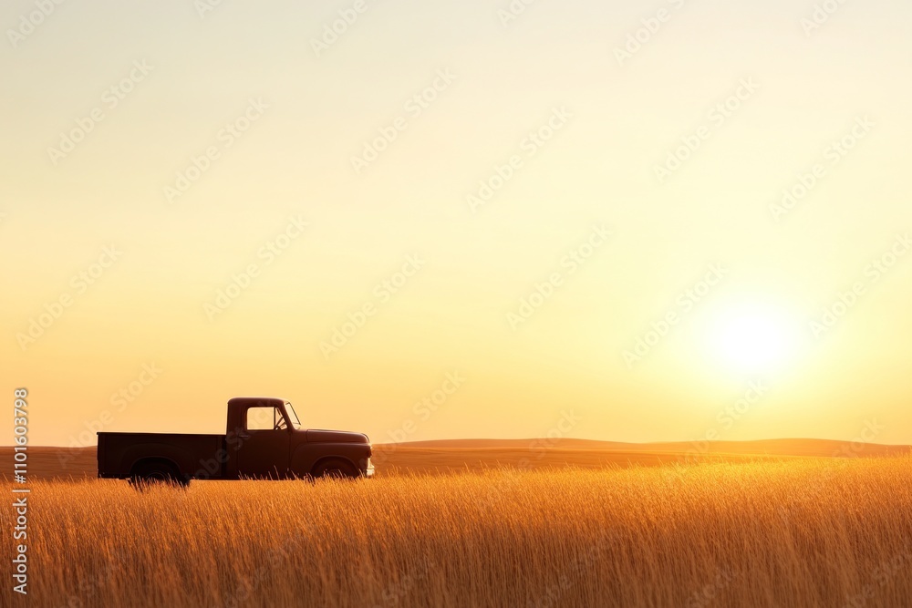 Fototapeta premium An old truck stands alone in a vast golden field, illuminated by the warm glow of the sunset. The sky transitions to deep hues while the sun dips below the horizon