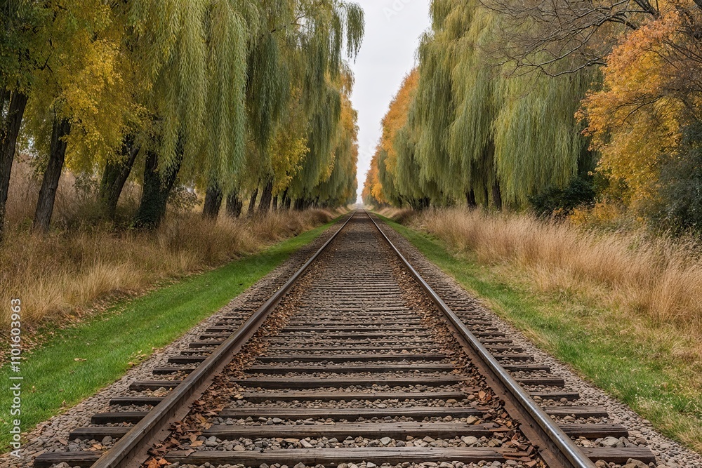 Fototapeta premium Rustic Willow Trees by Old Railway Tracks in Serene Autumn Breeze