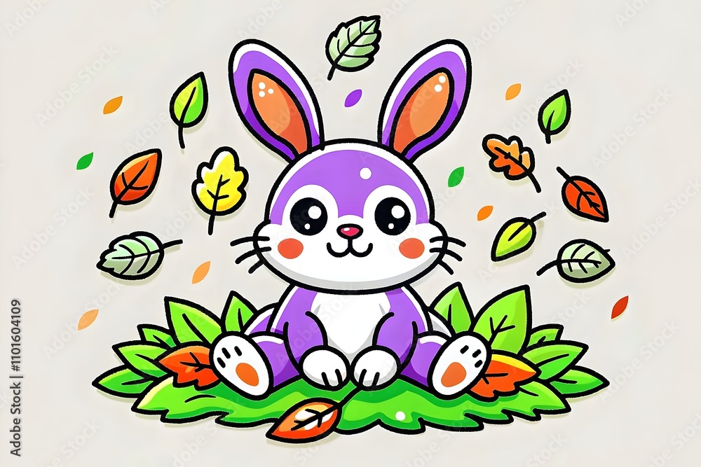 Obraz premium Cute Purple Bunny Leafy Background Whimsical Autumn Playful Happy Smiling Cartoon Nature