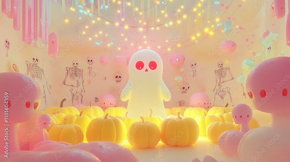 A dreamy Halloween room with pastel yellow and pink pumpkins glowing warmly, centered around a ghostly figure with bright red eyes emitting a spooky light. A dreamy Halloween room with pastel yellow and pink pumpkins glowing warmly, centered around a ghostly figure with bright red eyes emitting a spooky light.