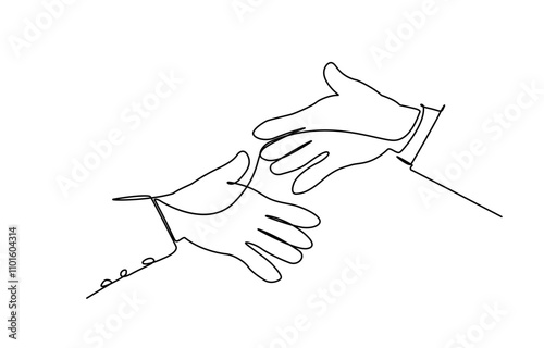 Shaking hands in continuous one line art drawing. Vector illustration of relationship and business agreement, Continuous one line drawing of handshake. Handshake concept. Vector illustration.