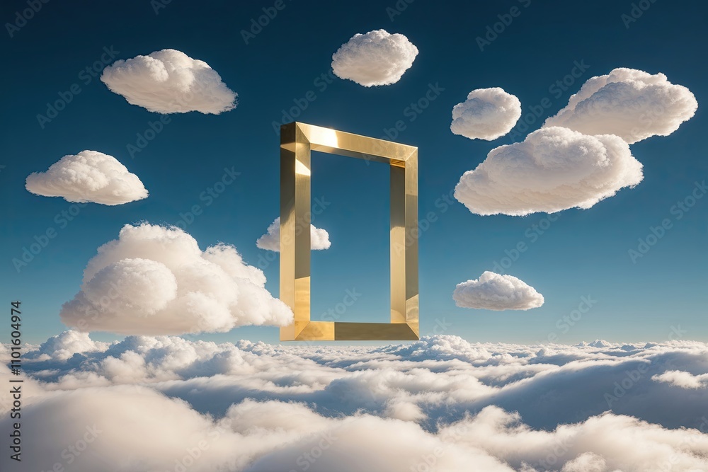 Three Dimensional Geometric Art with Floating Clouds and Golden Rectangle Design Three Dimensional Geometric Art with Floating Clouds and Golden Rectangle Design