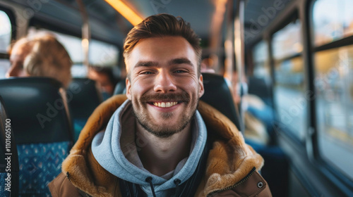 Happy student passenger enjoying a comfortable and pleasant journey on public transport, radiating happiness and contentment. Joy of travel, relaxation, and the positive experience of commuting