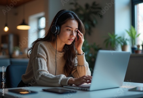 A young woman, wearing headphones, focuses deeply while typing on her laptop in a warm and inviting indoor environment filled with plants. Soft natural light enhances the peaceful ambiance.