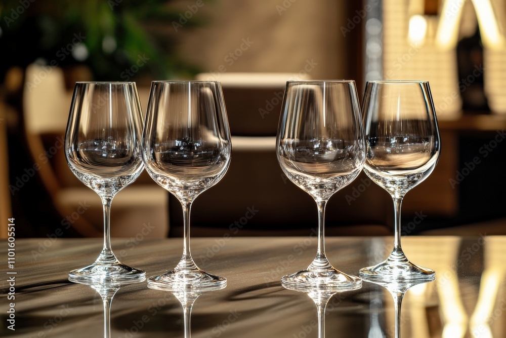 Sparkling clean wine glasses on a polished dining table. Sparkling clean wine glasses on a polished dining table.