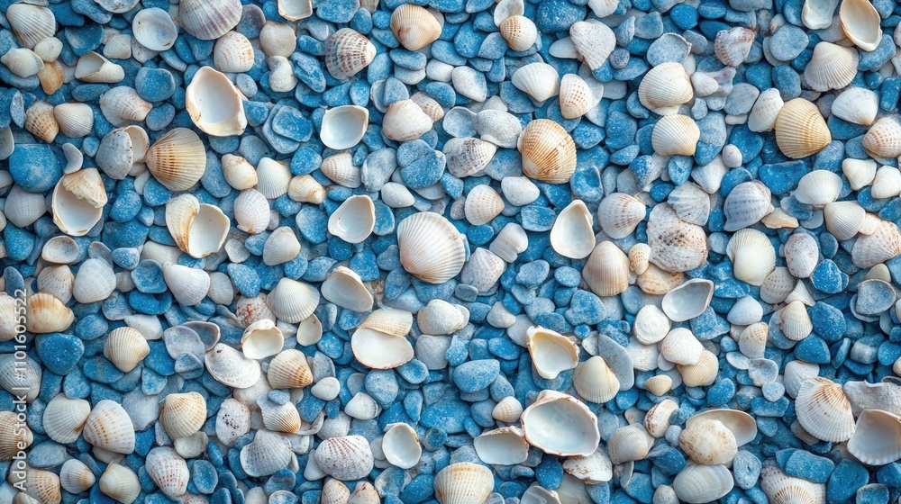 Close-up view of a textured blue backdrop made of numerous small seashells in varying shades of blue and white creating a unique coastal pattern Close-up view of a textured blue backdrop made of numerous small seashells in varying shades of blue and white creating a unique coastal pattern