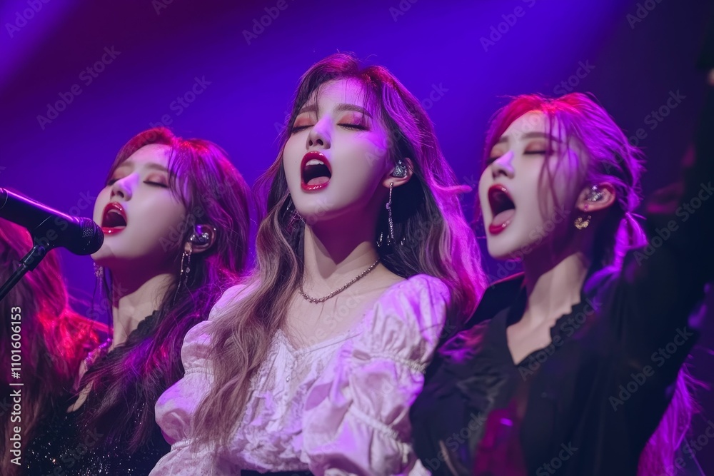 Three women singing, purple lights, concert. Three women singing, purple lights, concert.
