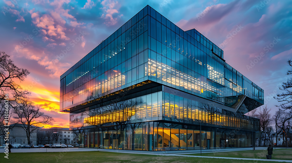 Obraz premium Striking Modern Building at Dusk with Reflective Glass Facade Surrounded by Trees and Colorful Sky, Showcasing Innovative Architectural Design and Urban Landscape