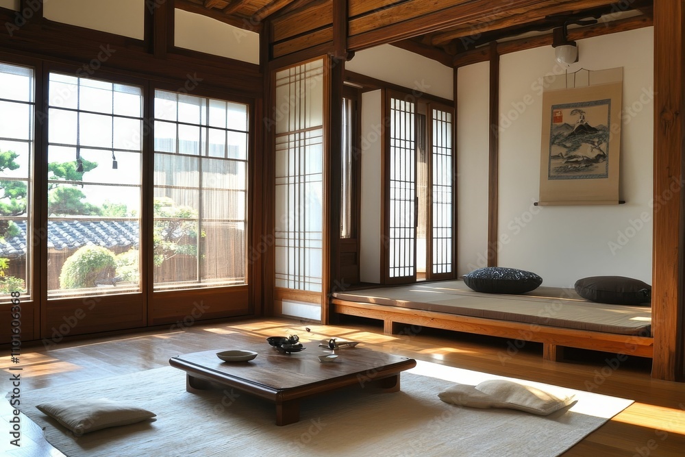 Serene minimalist Japanese-style room, sunlight streaming. Serene minimalist Japanese-style room, sunlight streaming.