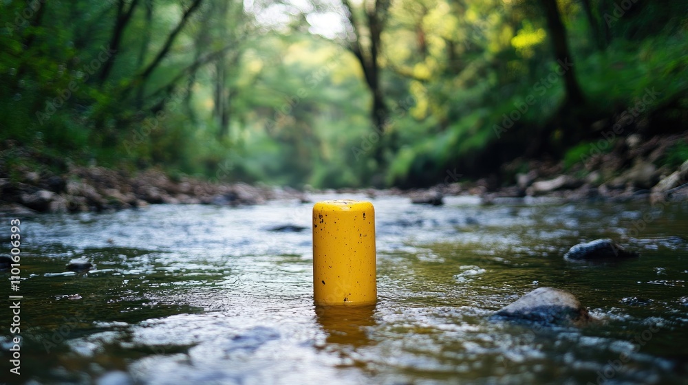 Yellow flood level marker standing in a gently flowing river, surrounded by rocks and lush green trees, indicating low water levels. Yellow flood level marker standing in a gently flowing river, surrounded by rocks and lush green trees, indicating low water levels.