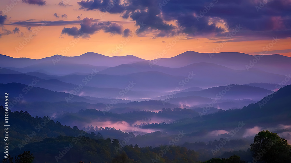 Stunning Panoramic View of Majestic Mountains at Sunset with Soft Hues and Misty Valleys Capturing Nature’s Beauty and Tranquility in the Evening Light