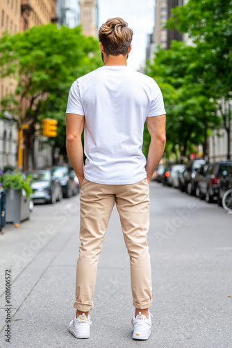 A man in a white t-shirt is standing on the street