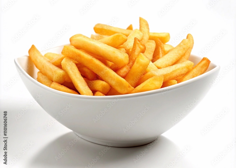 A bowl of golden French fries isolated on a clean white background A bowl of golden French fries isolated on a clean white background
