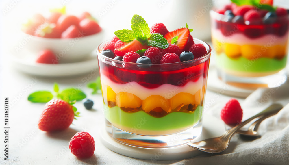 A colorful, layered fruit pudding in a glass, with fresh berries and mint garnish on top, set on a white background with soft natural lighting. A colorful, layered fruit pudding in a glass, with fresh berries and mint garnish on top, set on a white background with soft natural lighting.