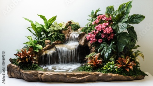 Lifelike Tropical Waterfall Display with Vibrant Flora Perfect for Product Showcasing and Enhancing Ambiance photo