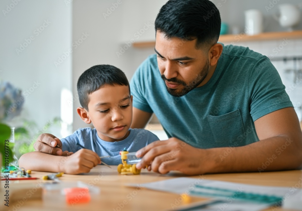 Father assisting his son in assembling a toy, fostering quality time and learning through play Father assisting his son in assembling a toy, fostering quality time and learning through play