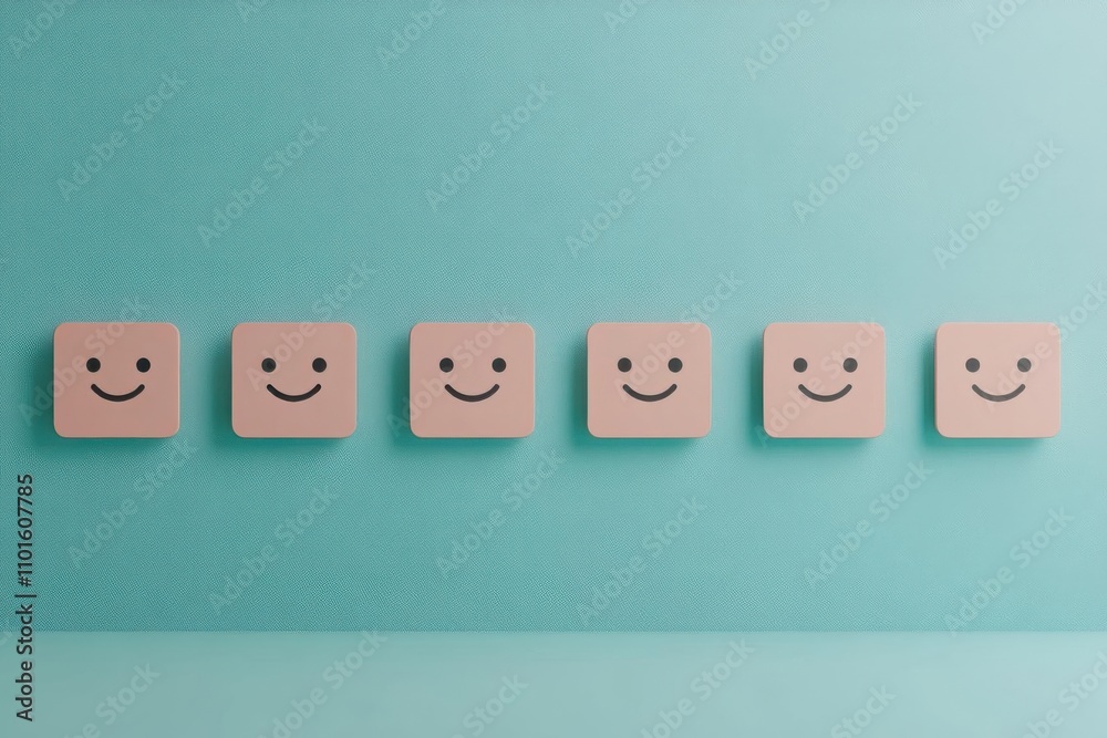 Six smiley face icons on a soft turquoise background, representing emotions and positivity. Six smiley face icons on a soft turquoise background, representing emotions and positivity.