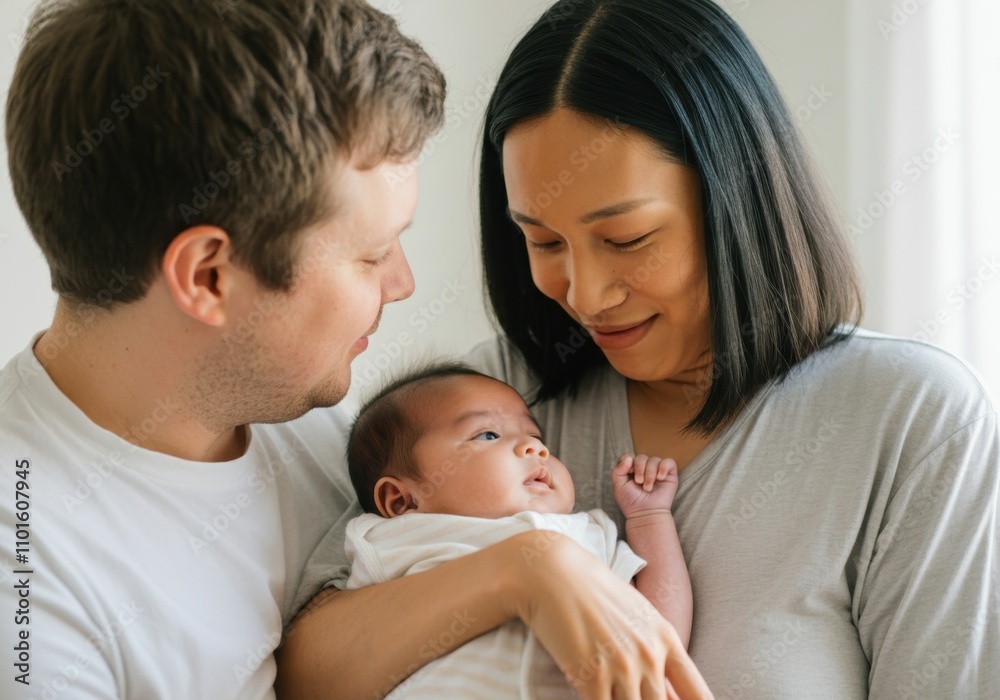 Loving multi-ethnic parents holding their newborn baby with care and affection Loving multi-ethnic parents holding their newborn baby with care and affection
