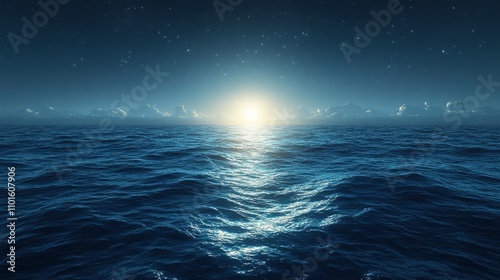 Serene Ocean Horizon at Dusk with Gentle Waves and Sparkling Stars under a Starry Night Sky Creating a Calm and Tranquil Atmosphere for Peaceful Reflections