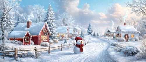 Enchanting christmas village scene with snowman and cozy homes winter wonderland festive atmosphere scenic viewpoint whimsical concept photo