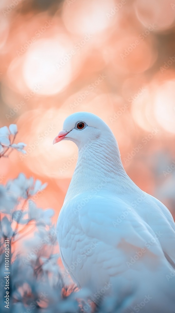 A serene white dove perched among soft flower, with a dreamy pastel background. A serene white dove perched among soft flower, with a dreamy pastel background.