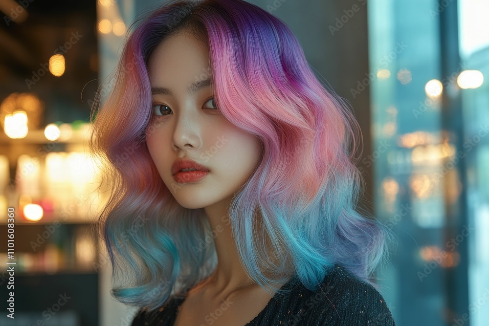 Woman with vibrant, multicolored wavy hair. Woman with vibrant, multicolored wavy hair.