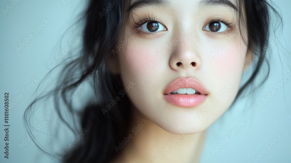 A sweet Asian woman with lightly curled lashes and a soft pink lipstick, her features glowing under natural daylight, giving a soft, innocent look A sweet Asian woman with lightly curled lashes and a soft pink lipstick, her features glowing under natural daylight, giving a soft, innocent look