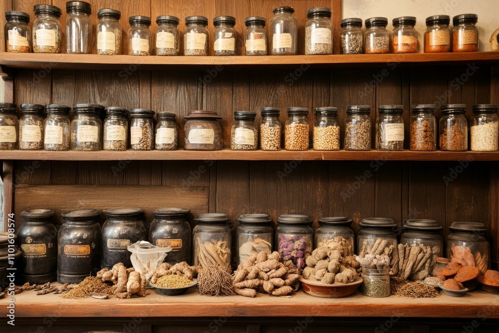Aged apothecary jars filled with dried herbs. Aged apothecary jars filled with dried herbs.