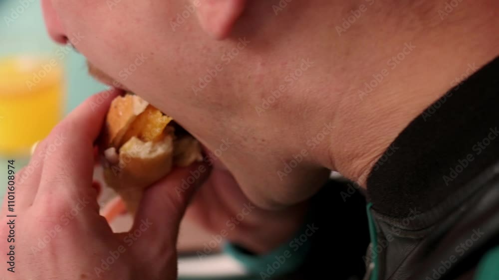 slow motion video recorded from above of a man eating a hamburger in a restaurant.