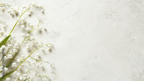 Lily of valley flowers arranged beautifully on textured white background, creating serene and elegant atmosphere. Perfect for spring themes and floral designs