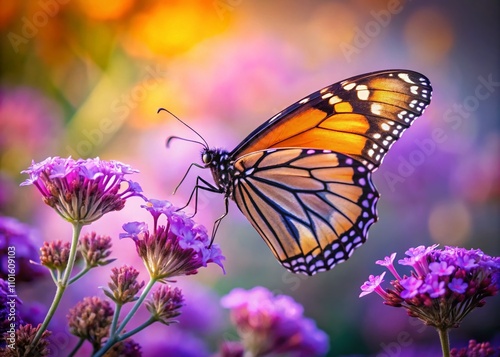 Captivating Close-up of a Monarch Butterfly Gracefully Landing on a Vibrant Purple Flower in a Surreal Natural Setting, Showcasing Nature's Intricate Beauty and Colorful Details