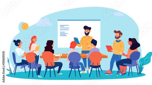 A team leader presenting new ideas to colleagues while everyone listens and takes notes