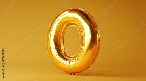 3D realistic golden foil balloon shaped like the letter O, featuring smooth reflective surfaces against a warm yellow background.