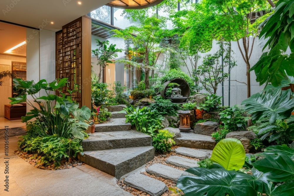 Indoor garden with stone steps, lush greenery. Indoor garden with stone steps, lush greenery.