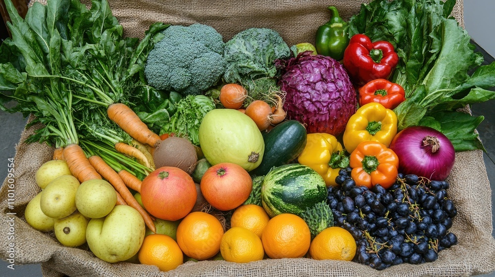 A woven bag filled with a colorful array of fresh vegetables and fruits, showcasing broccoli, peppers, carrots, and an assortment of vibrant produce. A woven bag filled with a colorful array of fresh vegetables and fruits, showcasing broccoli, peppers, carrots, and an assortment of vibrant produce.