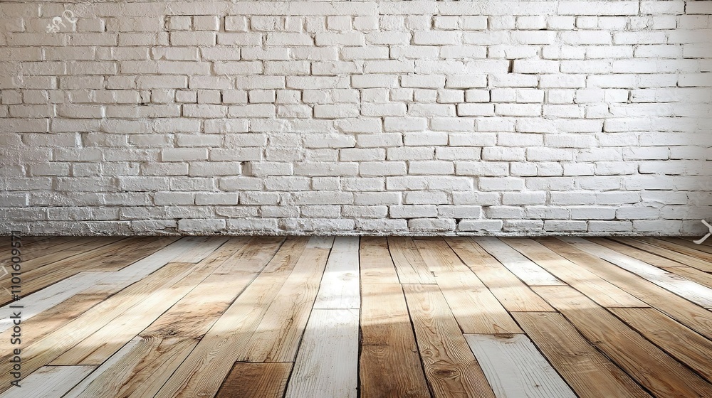 Fototapeta premium Vintage Interior Room with White Brick Wall and Wooden Flooring
