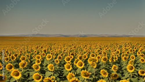 Vast sunflower fields in the plains of castilla la mancha spain under a summer sun, AI Generated photo