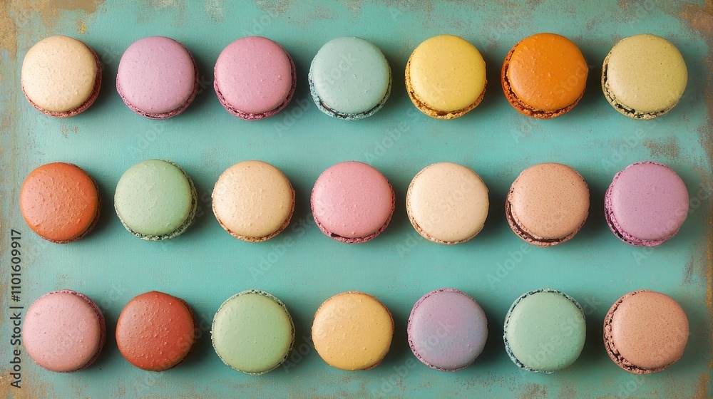 Obraz premium Colorful almond macarons arranged in neat rows on a turquoise surface, showcasing pastel shades of pink, yellow, green, and orange.