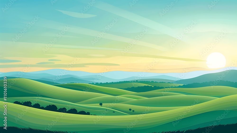 A serene landscape featuring rolling green hills under a bright sky at sunrise. A serene landscape featuring rolling green hills under a bright sky at sunrise.