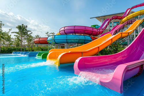 Vibrant Water Park with Colorful Slides Splashing into Clear Blue Pool Under Bright Daylight