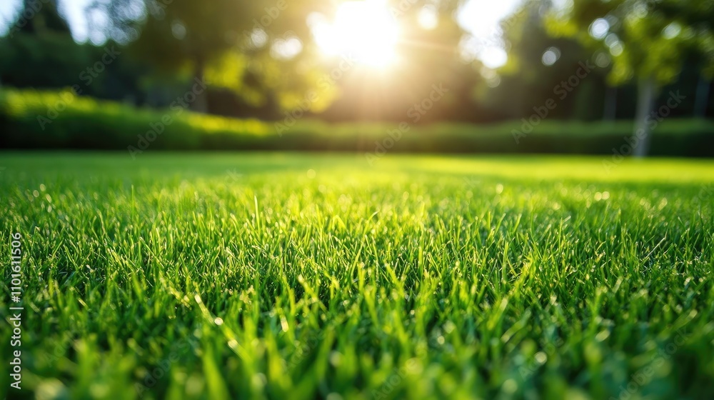 Lush green grass in a sunlit field with a soft focus, showcasing vibrant blades against a backdrop of trees and warm sunlight.