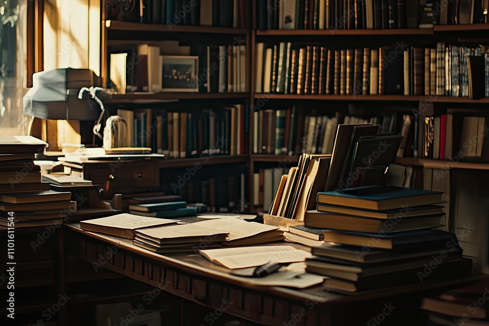 Fototapeta premium side view, books in library, desk with books, high resolution photography 