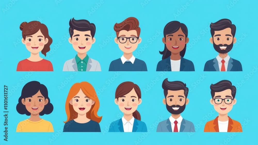 Trendy realistic cartoon user profile icons featuring diverse characters on a blue background Trendy realistic cartoon user profile icons featuring diverse characters on a blue background