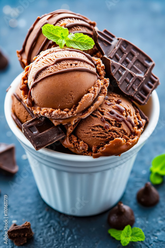 A bowl of chocolate ice cream with chocolate chips and mint leaves photo