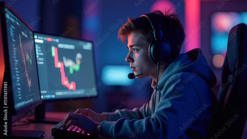 Young gamer focused on competitive eSports games sitting with headphones in dark gaming club.
